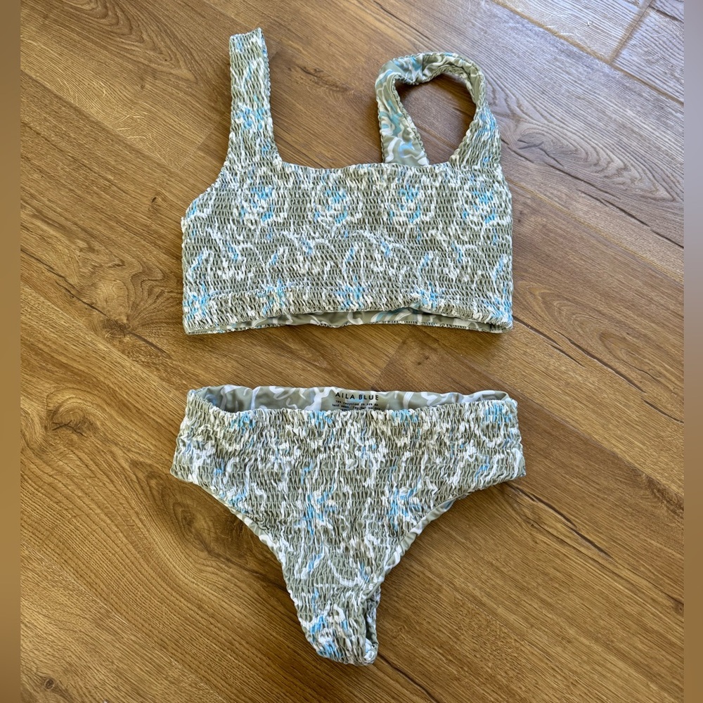 Free People Olive and Sky Blue Bikini Set